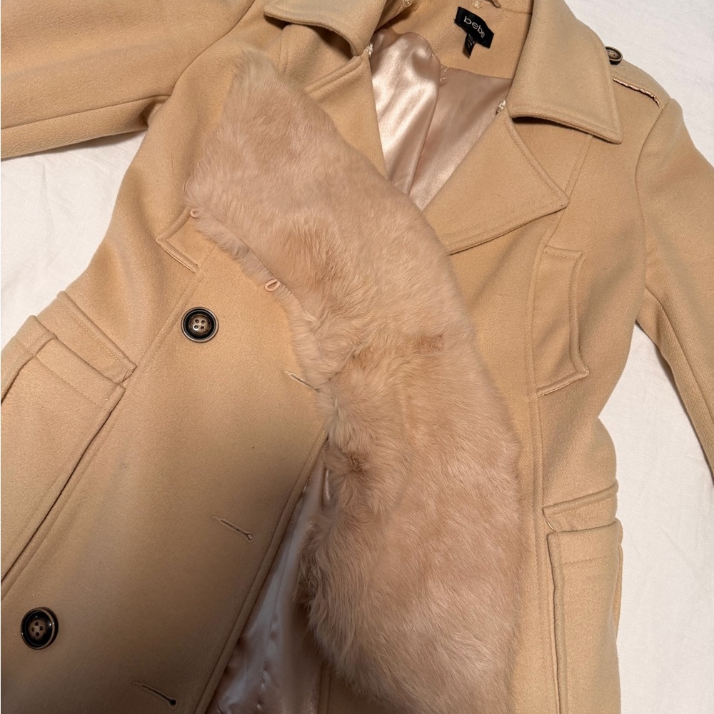 bebe Light Beige Wool-Blend Double-Breasted Pea Coat with Rabbit Fur trim
